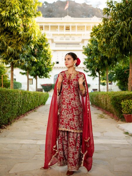 Women Muslin Floral Embroidered Cut Work Kurta  With Gota Lace & Sequin Chiffon Sharara Dupatta Set