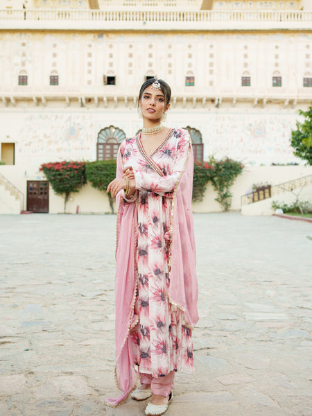 White Chinon Floral Embroidered Angrakha Anarkali  with solid bottom & sequin chiffon dupatta set