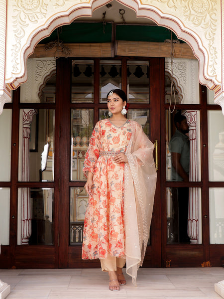 Cream Organza Floral Embroidered Anarkali & Handwork belt with solid bottom & embroidered organza dupatta set