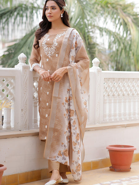 Women Linen Kurta Embroidered kurta set with solid pants & dupatta