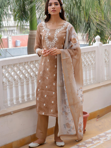 Women Linen Kurta Embroidered kurta set with solid pants & dupatta