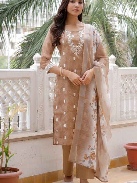 Women Linen Kurta Embroidered kurta set with solid pants & dupatta