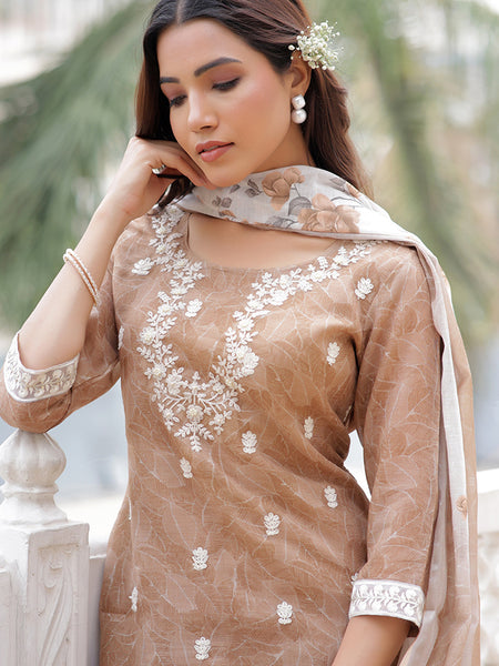 Women Linen Kurta Embroidered kurta set with solid pants & dupatta