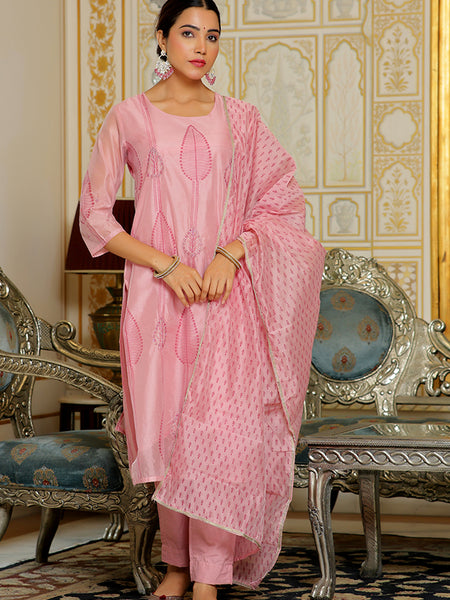 Women Pink Chanderi Block printed Embroidered kurta set with solid pants & dupatta