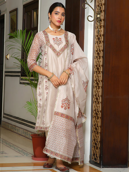 Women Grey Chanderi Block printed Embroidered kurta set with solid pants & dupatta