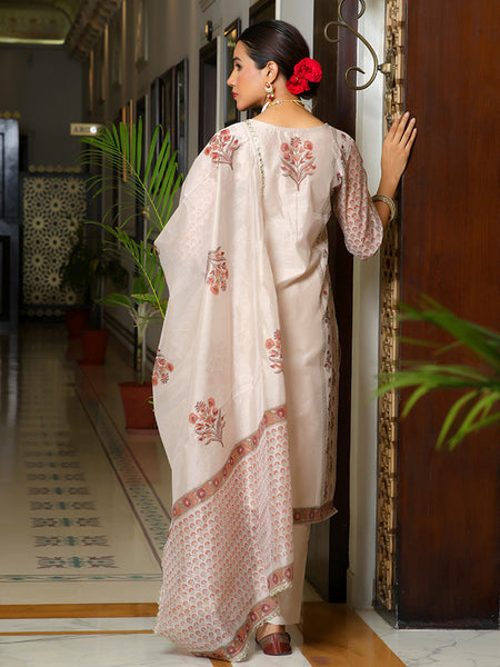 Women Grey Chanderi Block printed Embroidered kurta set with solid pants & dupatta