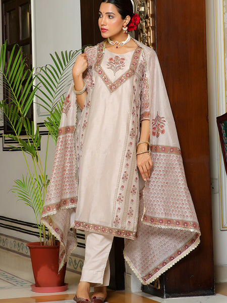 Women Grey Chanderi Block printed Embroidered kurta set with solid pants & dupatta