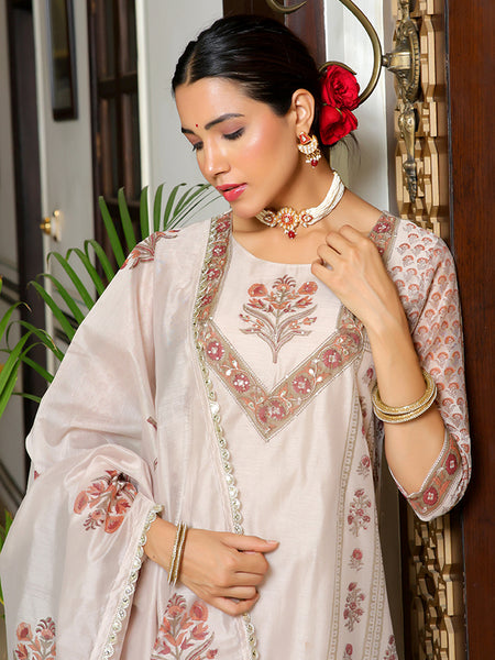 Women Grey Chanderi Block printed Embroidered kurta set with solid pants & dupatta