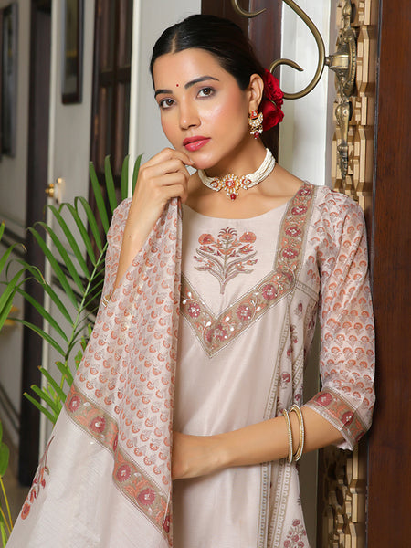Women Grey Chanderi Block printed Embroidered kurta set with solid pants & dupatta