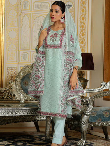 Women Teal Chanderi Block printed Embroidered kurta set with solid pants & dupatta