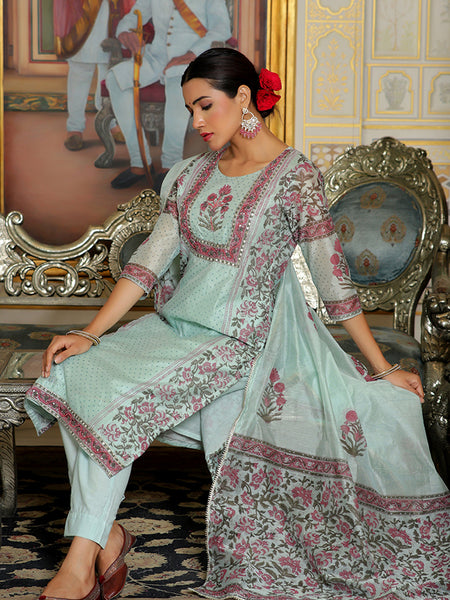 Women Teal Chanderi Block printed Embroidered kurta set with solid pants & dupatta