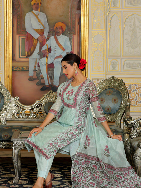 Women Teal Chanderi Block printed Embroidered kurta set with solid pants & dupatta