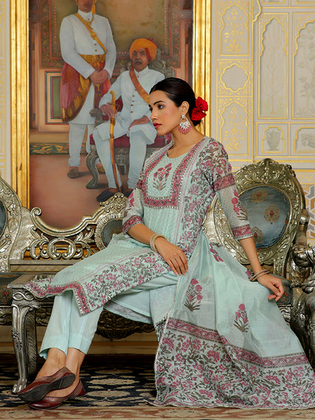 Women Teal Chanderi Block printed Embroidered kurta set with solid pants & dupatta