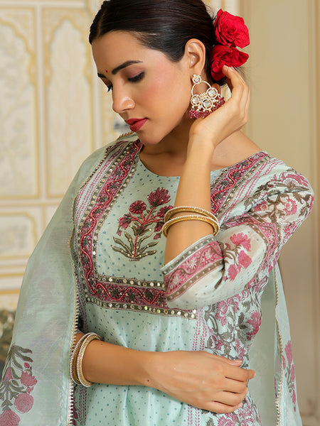 Women Teal Chanderi Block printed Embroidered kurta set with solid pants & dupatta