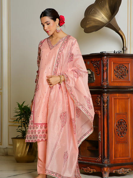 Women Orange Chanderi Block printed Embroidered kurta set with solid pants & dupatta