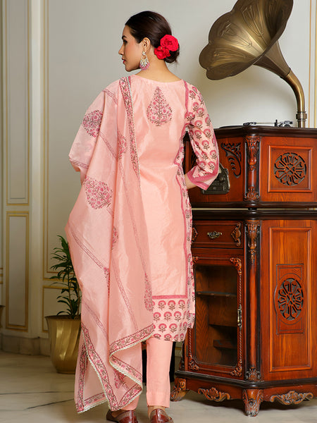 Women Orange Chanderi Block printed Embroidered kurta set with solid pants & dupatta