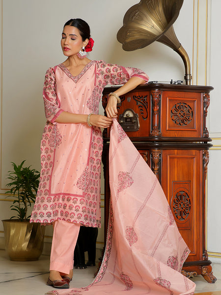 Women Orange Chanderi Block printed Embroidered kurta set with solid pants & dupatta