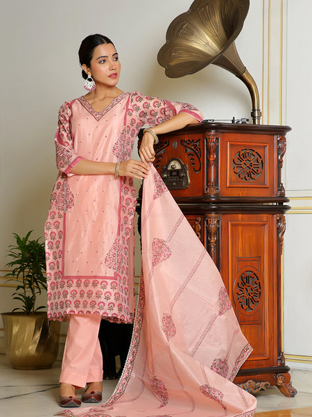 Women Orange Chanderi Block printed Embroidered kurta set with solid pants & dupatta