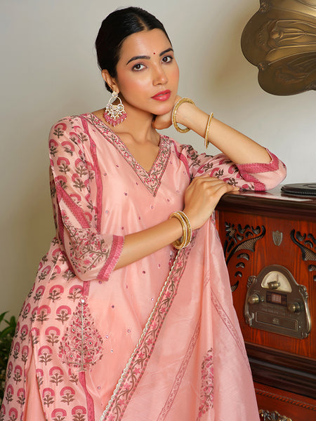 Women Orange Chanderi Block printed Embroidered kurta set with solid pants & dupatta