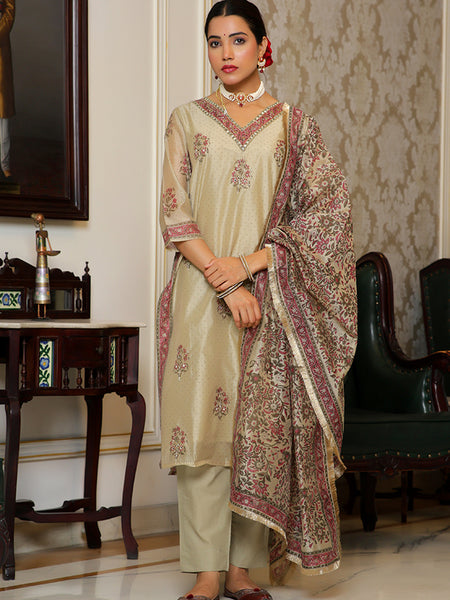 Women green Chanderi Block printed Embroidered kurta set with solid pants & dupatta