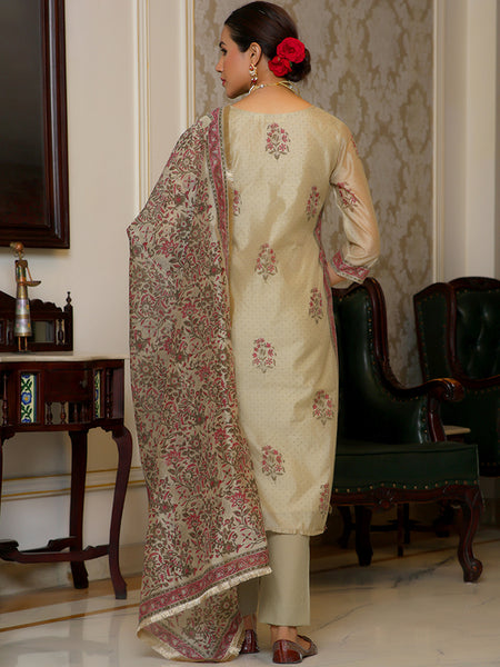 Women green Chanderi Block printed Embroidered kurta set with solid pants & dupatta