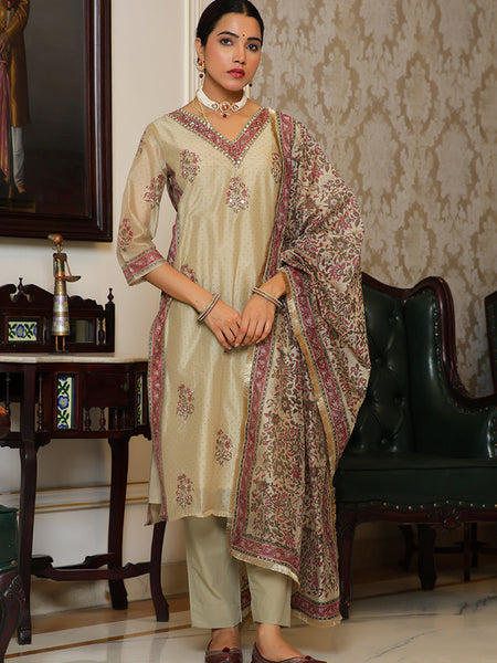 Women green Chanderi Block printed Embroidered kurta set with solid pants & dupatta