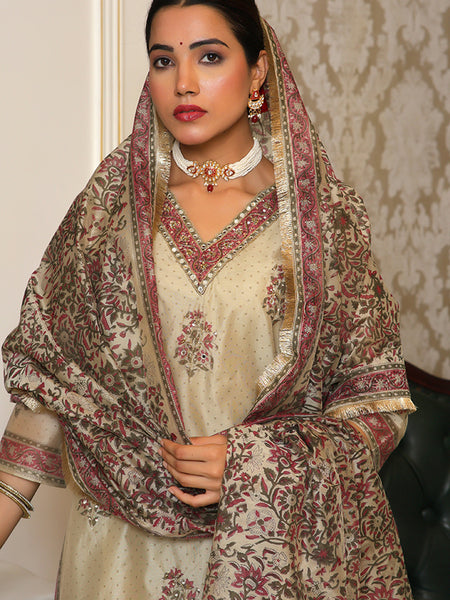 Women green Chanderi Block printed Embroidered kurta set with solid pants & dupatta