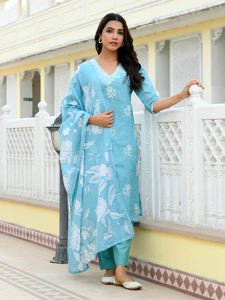 Women kota doria embroidered solid kurta set with solid pants & printed dupatta