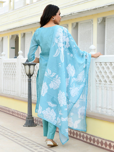 Women kota doria embroidered solid kurta set with solid pants & printed dupatta