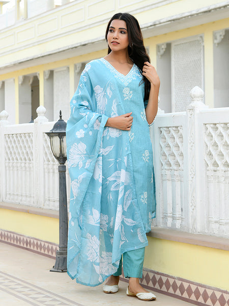 Women kota doria embroidered solid kurta set with solid pants & printed dupatta