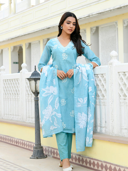 Women kota doria embroidered solid kurta set with solid pants & printed dupatta