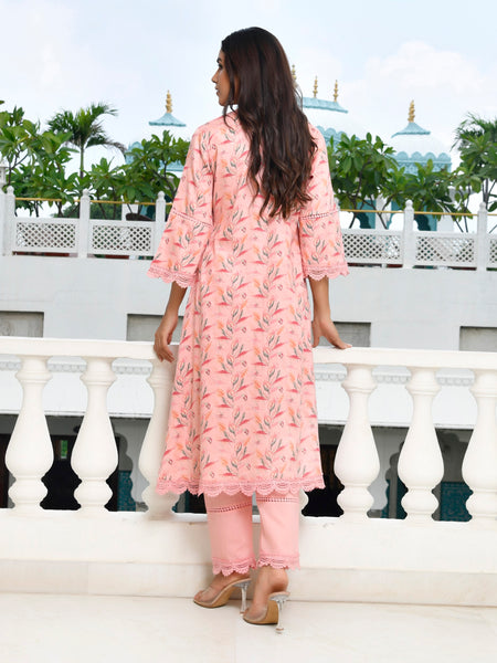 Women Cotton Kurta pant set with solid laced pant