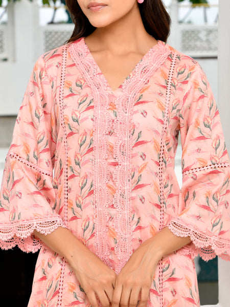 Women Cotton Kurta pant set with solid laced pant