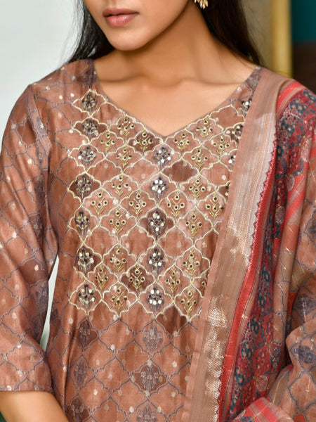 Women Chanderi Printed Suit Set with pant and printed dupatta