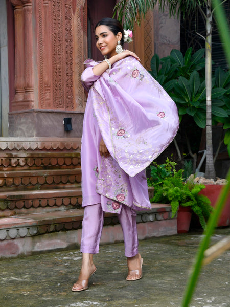Women Tissue Silk emboidered suit set with solid pant & solid embroidered dupatta