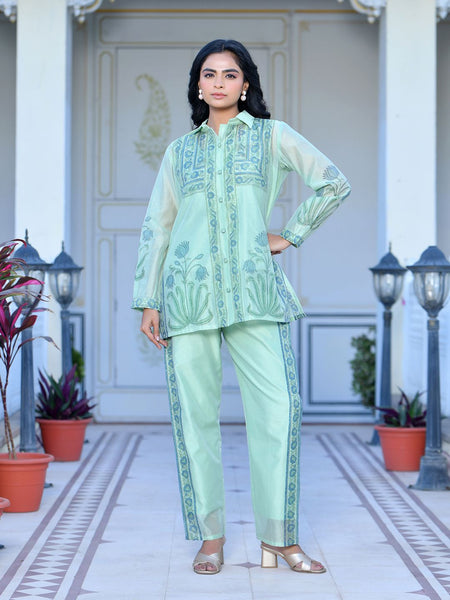 Women Marine Chanderi Block Printed Cord Set