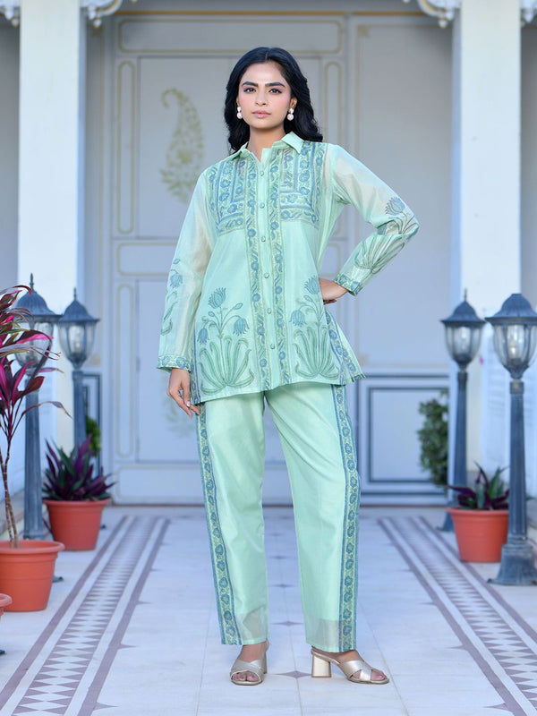 Women Marine Chanderi Block Printed Cord Set