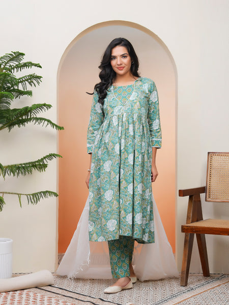 Women Ferozi Cotton kurta with cotton pant & dupatta