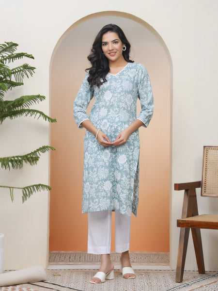 Women Mint Cotton printed Straight Kurti