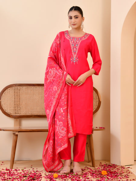 Chanderi Vermillion Solid Embroidered Kurta Pant And Printed Dupatta Set
