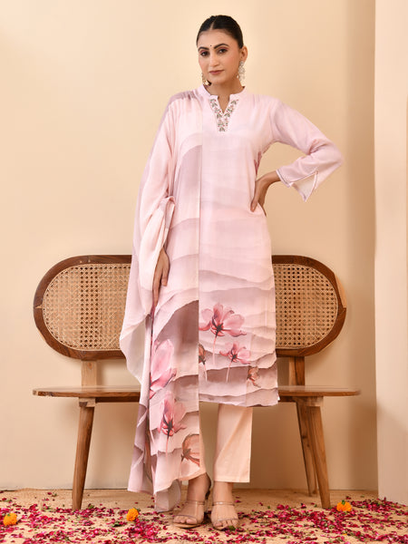 Linen Pale Pink Digital Printed Embroidered Kurta With Pant Dupatta Set