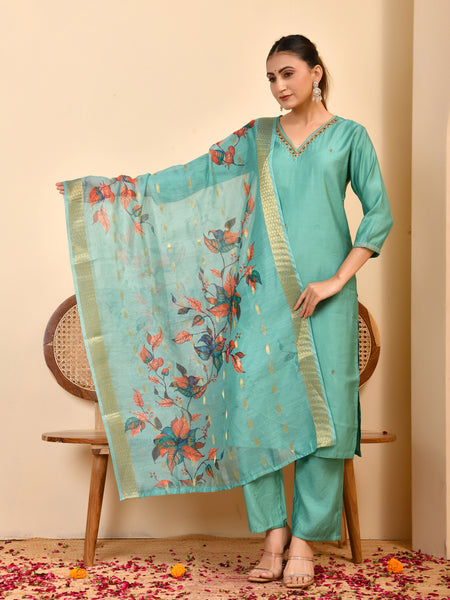 Chanderi V neck Hand Embroidered Aqua Solid kurta Pant Set With Printed Dupatta Set