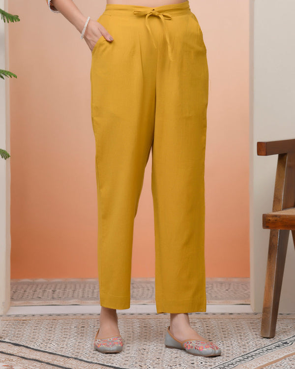 Women Mustard Cotton Flax Solid Straight Pants