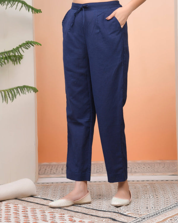 Women Cobalt Blue Cotton Flax Solid Straight Pants