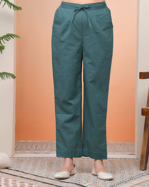 Women Ferozi Cotton Flax Solid Straight Pants