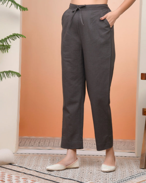 Women Charcoal Cotton Flax Solid Straight Pants