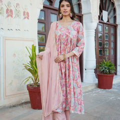 Women  Peach  Muslin kurta with  handwork embroidery, solid bottom & Dupatta Set