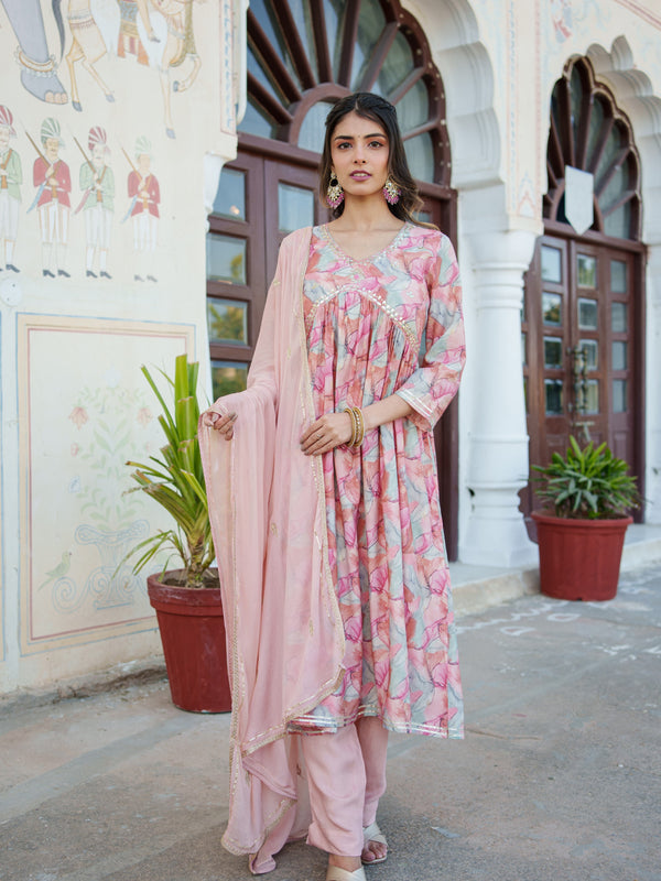 Women  Peach  Muslin kurta with  handwork embroidery, solid bottom & Dupatta Set
