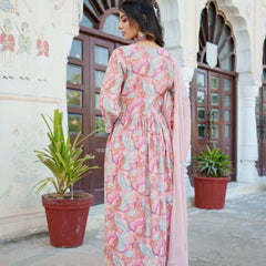 Women  Peach  Muslin kurta with  handwork embroidery, solid bottom & Dupatta Set