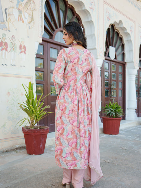 Women  Peach  Muslin kurta with  handwork embroidery, solid bottom & Dupatta Set